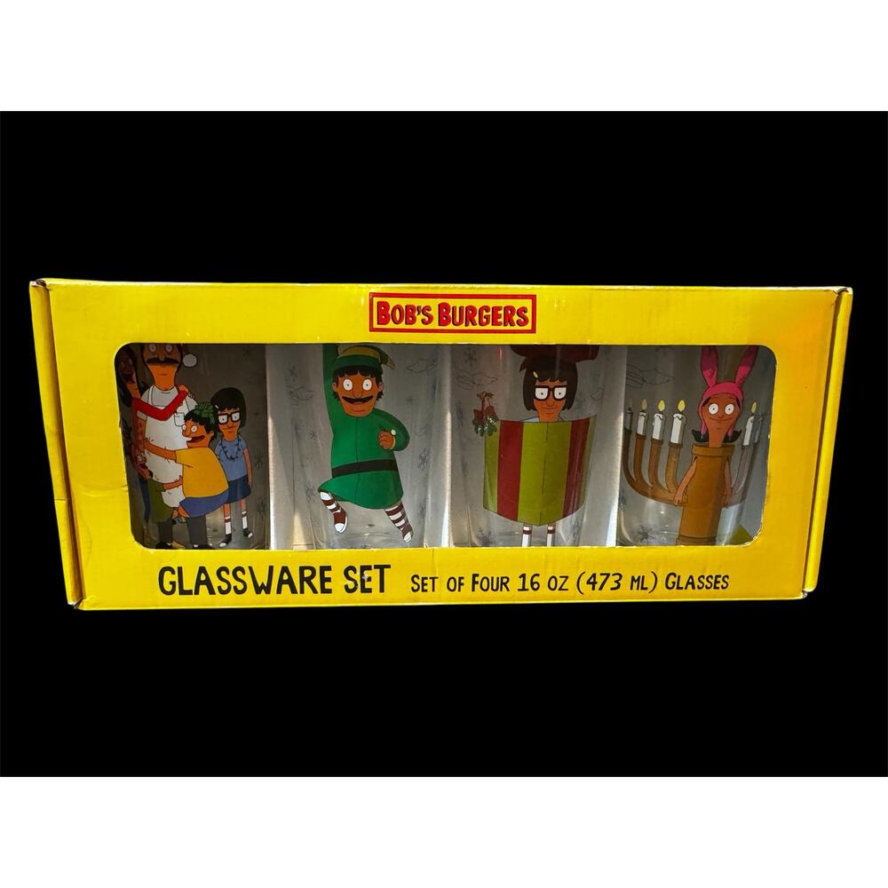 Bob's Burgers 2018 Holiday Glassware set (4) 16oz glass set NEW in BOX